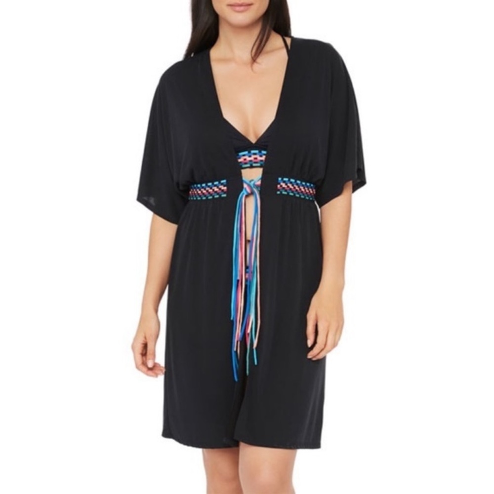 La Blanca Macrame Belted Kimono Swim Cover Up Black Size M